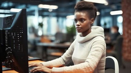 Poster - Black woman Tech engineer creating machine learning software to be used as an autonomous virtual entity, Programming script in cyberspace.