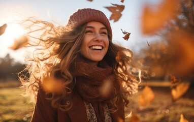 A happy youth woman in trend autumn clothes kicking many autumn leafs. Generative AI