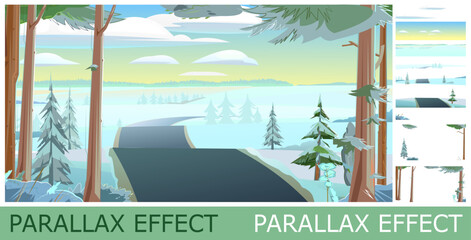 Wall Mural - winter road landscape. view of snow hills and pines. set of slides create parallax image layer. cart