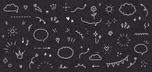 Cute Line Icon Sketch Element On Chalkboard Background. Hand Drawn Line Sketch Text Decoration Star Sparkle, Arrow, Heart Element Set. Simple Drawn Sun Sparkle, Flower, Emphasis. Vector Illustration