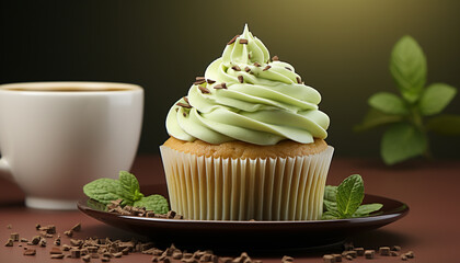 Poster - Freshly baked gourmet cupcakes with chocolate icing and green sugar decoration generated by AI