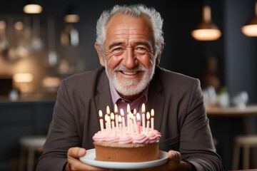 elderly man holding a birthday cake (Generative AI)