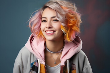 Wall Mural - Portrait of a fashionable happy teenager woman with hair color highlights. Copy space. Ai generative