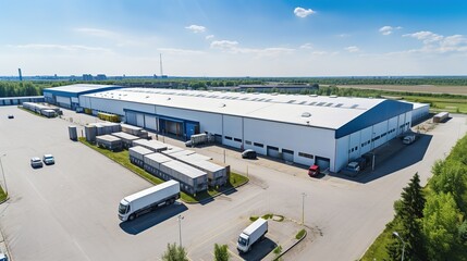 Aerial view of industrial structure, large factory with lots of space and parking lot with large cargo vehicles