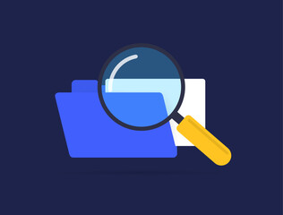 Poster - File Search with Magnifying Glass icon. Business Document Archive and Directory concept. Vector illustration isolated on dark background with icons