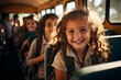 Group of adorable schoolchildren sitting on school bus going to school. Generative Ai