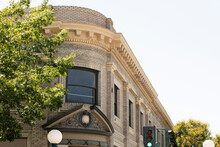 Lodi, California, USA - July 16, 2021: Sunlight Shines On The Historic Downtown Buildings Of Lodi.