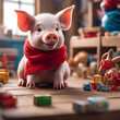 A cute pig wearing a red scarf in a kids play room full of toys