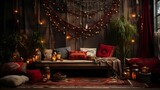 Fototapeta Boho - Christmas room interior design boho style. Bright living room adorned with festive Christmas decorations. hyper-realistic photography.  Generative AI