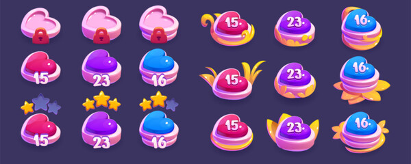 Poster - Heart shaped indicators to select game level. Gui romantic pointers - locked, in progress and complete with star rating. Cartoon vector set of selection platform button for love videogame map menu.