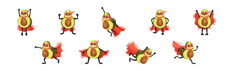 Wall Mural - Funny Green Avocado Superhero Character Wearing Red Cloak or Cape and Mask Vector Set