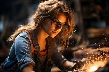  woman welding with welding glasses in a factory