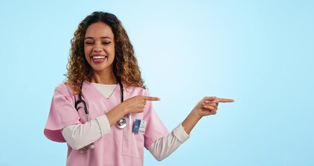 Poster - Doctor, woman and point in studio, space and mockup with smile on face for medical review by blue background. Nurse, medic and happy in portrait for feedback, choice and decision for health promotion