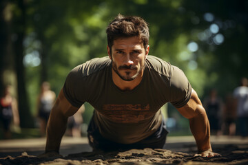 Wall Mural - man doing push-ups in the park's gym