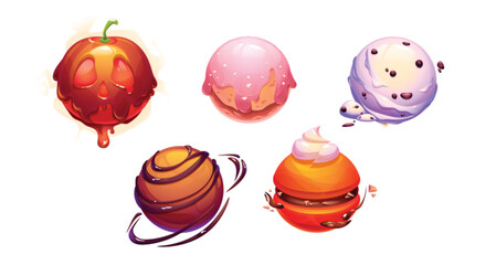 Poster - Halloween pumpkin planet for space game world cartoon vector set. Magic chocolate food icon for ui fantasy asteroid or orbit cosmic concept collection. Round colorful funny pink dessert illustration