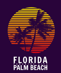 Wall Mural - Florida Palm Beach sunset print t-shirt design. Poster palm tree silhouettes