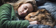 Touching depiction of a serene, blonde woman cherishing her sleep with a loyal dog in a landscape enriched by desaturated hues and cold filters.