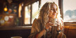 Captivating cold-filtered depiction of a serene blonde hippie woman, savoring artisanal coffee in quaint boho café. Radiates simplicity, liberating spirit, and peaceful vibe.