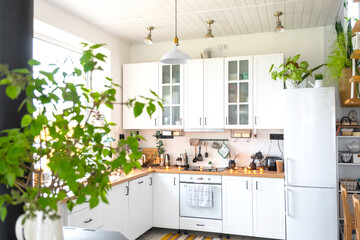 Wall Mural - Light white modern rustic kitchen decorated with potted plants, loft-style kitchen utensils. Interior of a house with homeplants