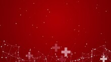 Red Medical Background With White Small Flying Particles, Crosses And Plexus Lines With Dots. Looped Health Screensaver. Copy Space.