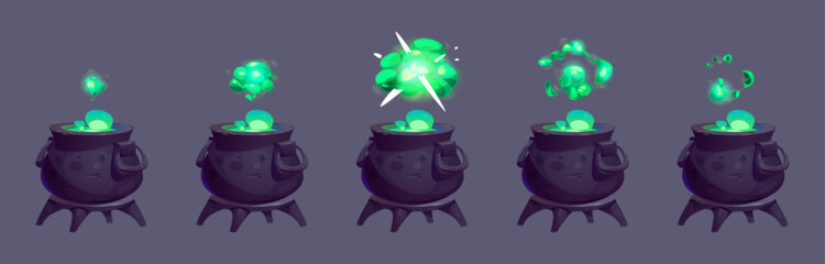 Aufkleber - Magic potion boiling in old cauldron. Vector cartoon illustration of witch pot with poisonous green substance and cloud of toxic gas with puff effect, sprite animation sheet, witch cooking elixir