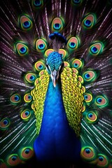 Poster - A striking portrait of a vibrant peacock, with its iridescent feathers fanned out in a display of beauty and pride.