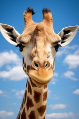 Poster - A close-up of a curious giraffe, with its long neck and soulful eyes gazing into the distance, representing curiosity and wonder.