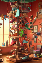 Poster -  An abstract shoemaker-themed mobile, featuring dangling leather pieces, shoemaker's tools, and miniature shoe replicas,  Generative AI technology.