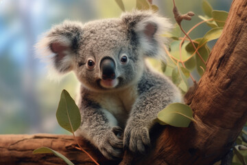 Wall Mural -  A cute and cuddly koala perched on a tree branch, capturing its fluffy fur and laid-back nature. Generative AI technology.