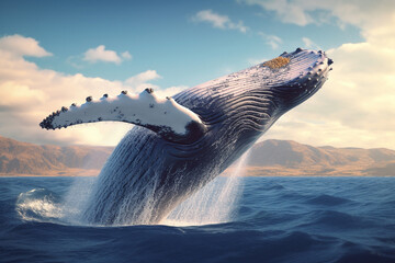 Poster -  A breathtaking image of a whale breaching the surface of the ocean, showcasing its massive size and majestic presence.  Generative AI technology.