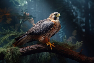 Poster -  A dynamic photograph of a falcon perched on a branch, showcasing its streamlined body and keen hunting instincts.  Generative AI technology.