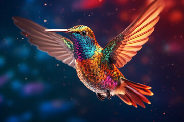 Wall Mural -  A captivating image of a hummingbird in mid-flight, displaying its rapid wing movements and vibrant colors.  Generative AI technology.