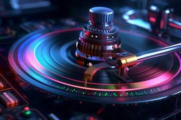 Wall Mural -  A close-up shot of a DJ's turntable, capturing the intricate details of vinyl spinning and needle touching the record.  Generative AI technology.