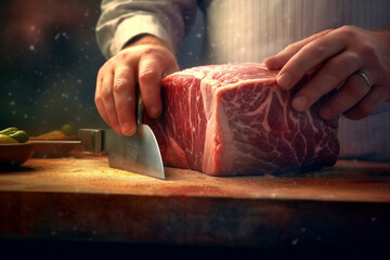 Aufkleber -  A butcher sharpening a large meat cleaver, highlighting the importance of sharp tools in the trade.  Generative AI technology.