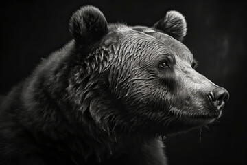 black and white portrait of a grizzly bear on a black background.