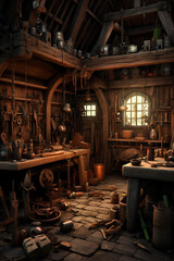 Poster - An image of a traditional blacksmith workshop with various tools and equipment neatly arranged, showcasing the rich history and tradition of blacksmithing.  Generative AI technology.