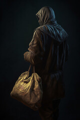 Poster -  An illustration of a bandit sneaking through the shadows with a bag of stolen loot, depicting the adventurous and daring nature of banditry.  Generative AI technology.