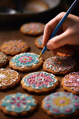 Aufkleber -  A confectioner meticulously icing and decorating sugar cookies with intricate designs and patterns, demonstrating precision and artistry.  Generative AI technology.