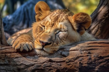 Close Up Of A Lion Cub Sleeping.