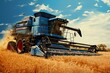 Agricultural machine reaping wheat in a field. Generative AI
