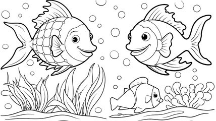 Wall Mural - Fishes under sea coloring page. Coloring book underwater landscape. Simple thick lines kids or children cartoon coloring book pages. Clean drawing can be vectorized to illustration.
