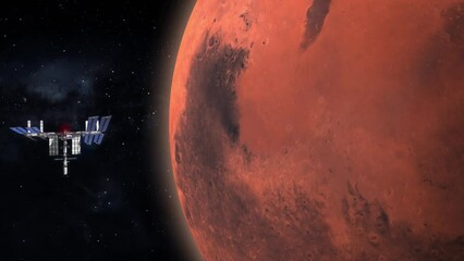 Wall Mural - Satellite orbiting the red planet Mars, observation mission concept - 3D render