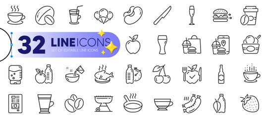 Outline set of Beans, Beer glass and Grilled sausage line icons for web with Soy nut, Fitness water, Cherry thin icon. Ice cream, Cappuccino, Vegetarian food pictogram icon. Table knife. Vector