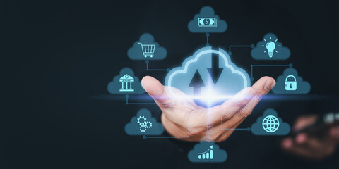 Poster - Businessman hand showing cloud computing diagram. Business concept of big data analytics and business intelligence, data storage, data transfer, networking and internet service. Cloud technology.