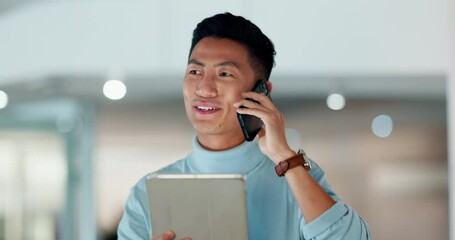 Poster - Business, phone call and Asian man with a tablet, smile and creative with connection, contact and internet. Japanese person, employee and entrepreneur with a smartphone, conversation and technology