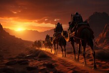 Camel Caravan Trekking Through The Sahara, Generative AI.