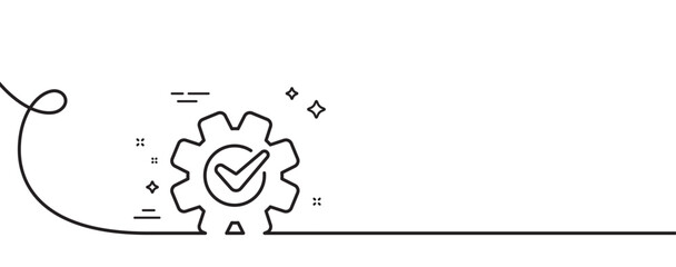 Poster - Cogwheel with check line icon. Continuous one line with curl. Engineering tool sign. Cog gear symbol. Cogwheel single outline ribbon. Loop curve pattern. Vector
