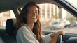 Pretty smiling young woman traveling by car in the mountains, summer vacation and adventure