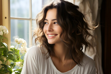 Portrait of happy young woman sitting near window and smiling, happy female in cozy green home