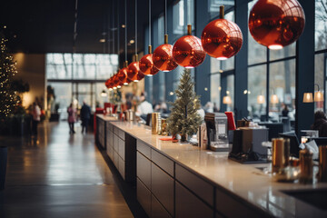 An abstract blurred office pantry interior background, featuring a modern and minimalist Christmas setup with sleek decorations. Capture the holiday innovation. 